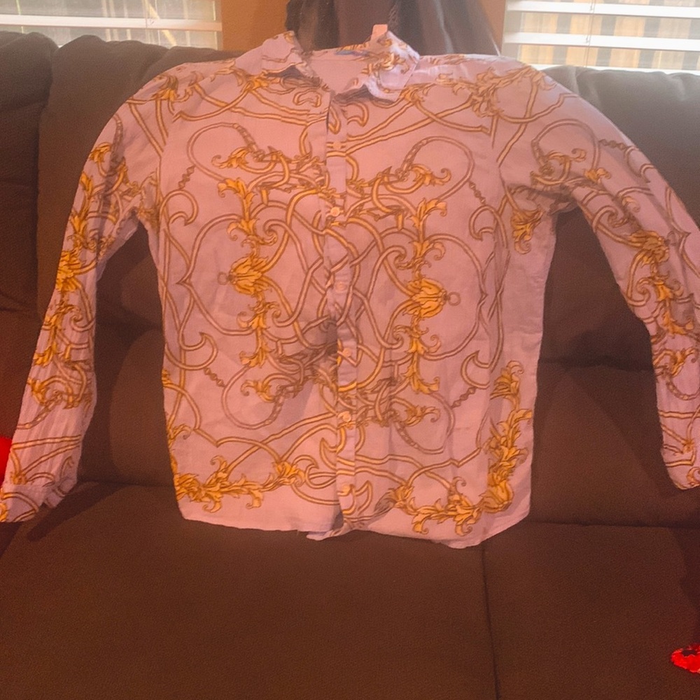 J. McLaughlin light blue button down shirt.